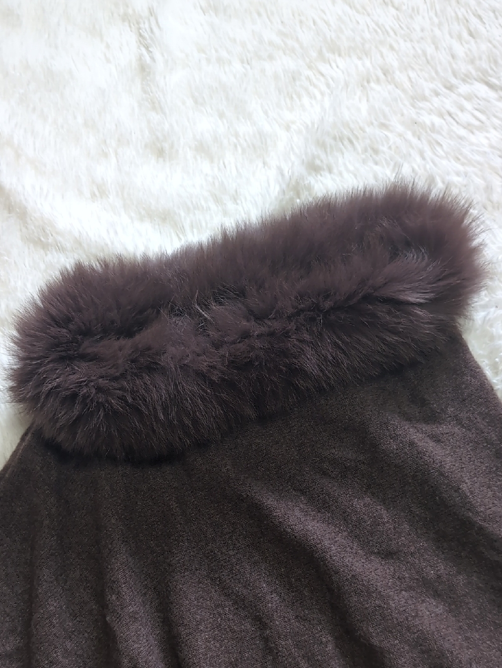 Alashan 100% Cashmere Fox Trim Brown Poncho Topper Lightweight Sweater - Picture 4 of 12